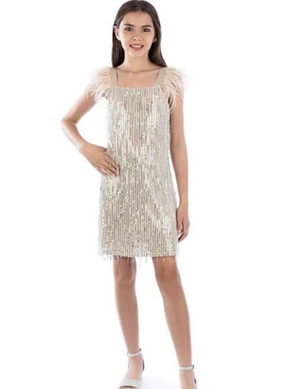 Xtraordinary Champagne Sequin Feather-Trim Mini Dress